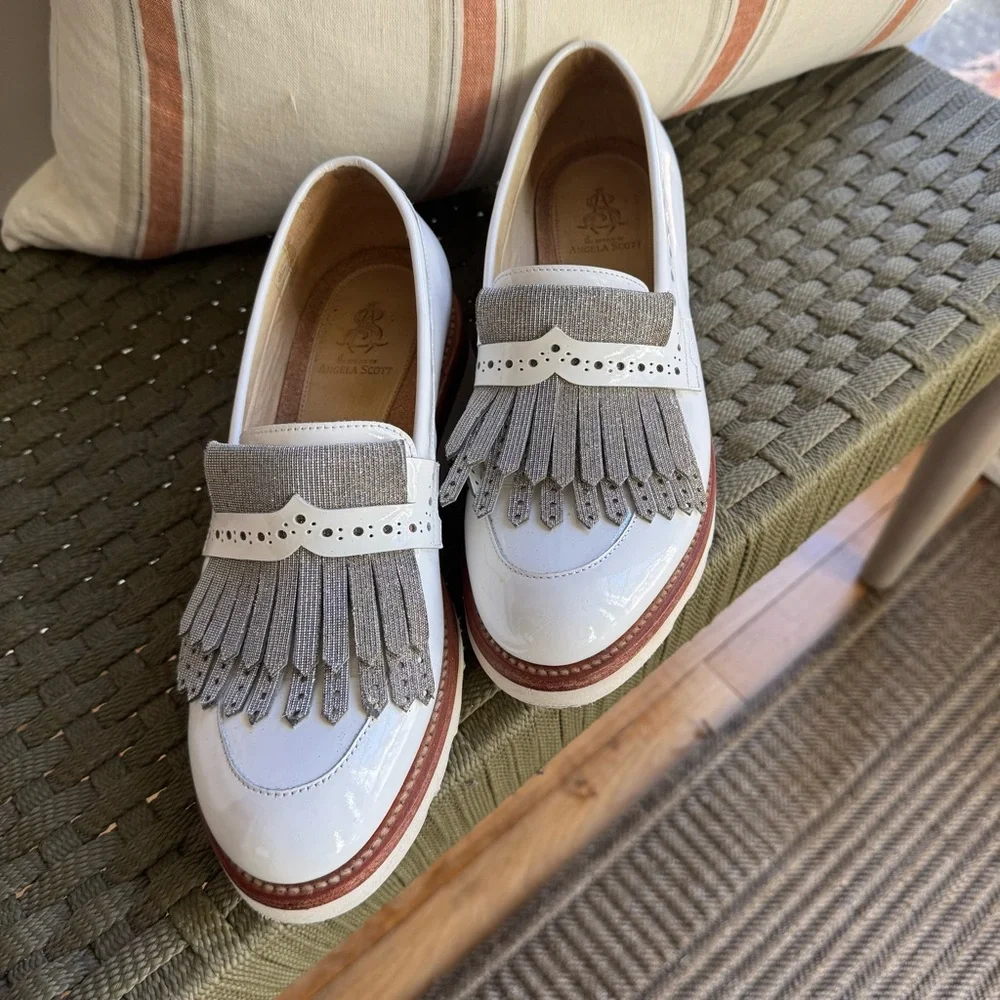 The Office of Angela Scott Mr. Pennywise White Metallic Fringe Wedge Loafer - Picture 2 of 8